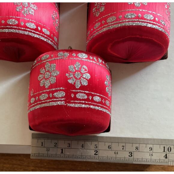 Vintage Pyramid Set of 4 Red Satin Silk Drum Silver Glitter Hanging Ornaments - Picture 3 of 5